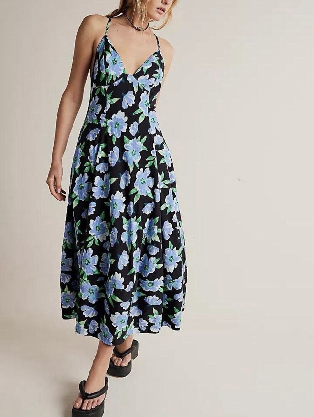 Free People Finer Things Printed Midi Dress Blue Floral Sz Large